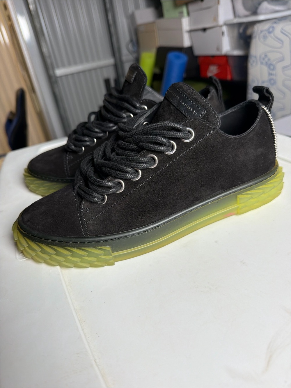 Giuseppe Zanotti 38.5Black Suede Sneakers with Lime Green Translucent Sole - Picture 5 of 7